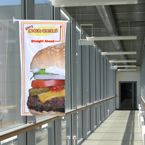 The Window Hanging Set with Banner Arm is a simple yet effective advertising tool for indoor settings