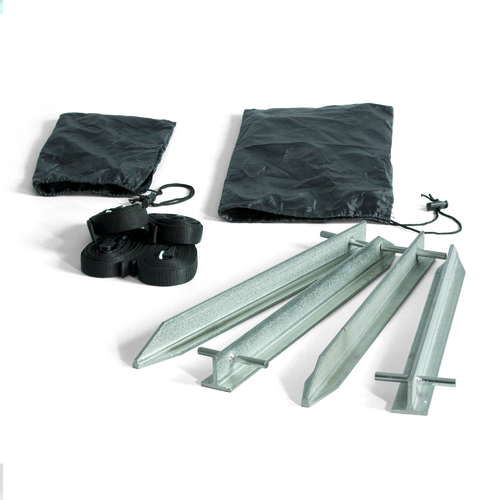 Kit includes 4 heavy-duty stakes, 4 webbing sections and 2 bags