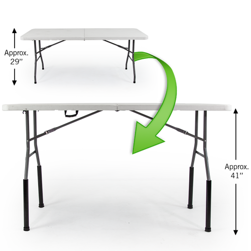 Transform our 29" tall table with bent legs into a 35" tall table that is a lot more comfortable to work at when standing