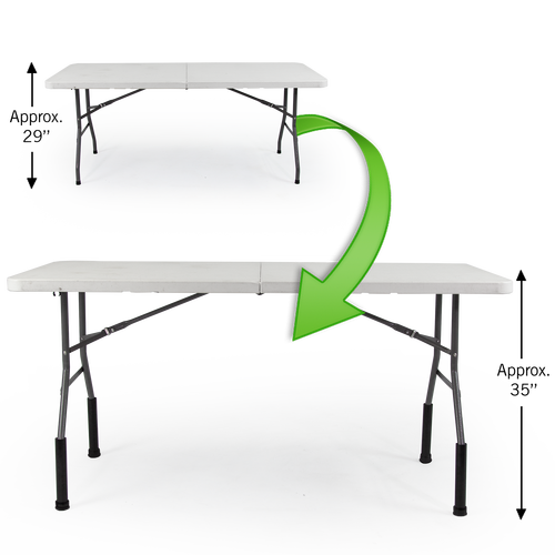 Achieve a 41" high table by adding the Bent Table Leg Extenders to our 29" tall Foldable Table that has bent table legs