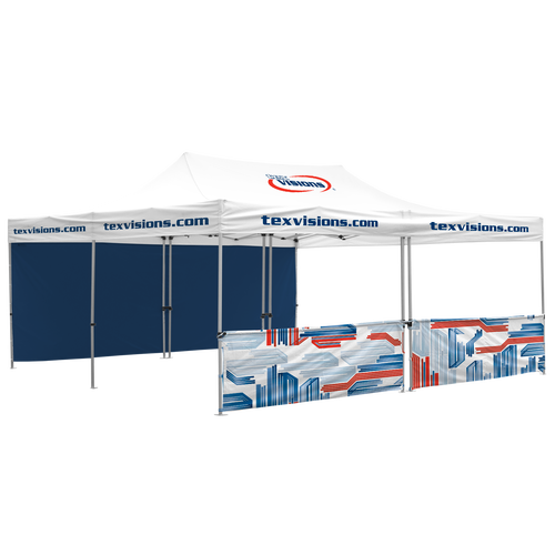 20' Tent with custom logo print canopy, 1 full and 1 half wall, that consists of 2 half walls leaving a small gap in the center