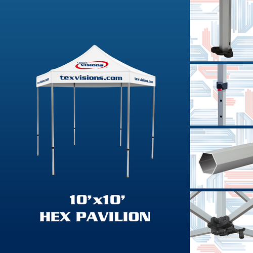 Hex Pavilion Tent Frame features hexagonal aluminum tent legs with adjustment levers and rooftop crank