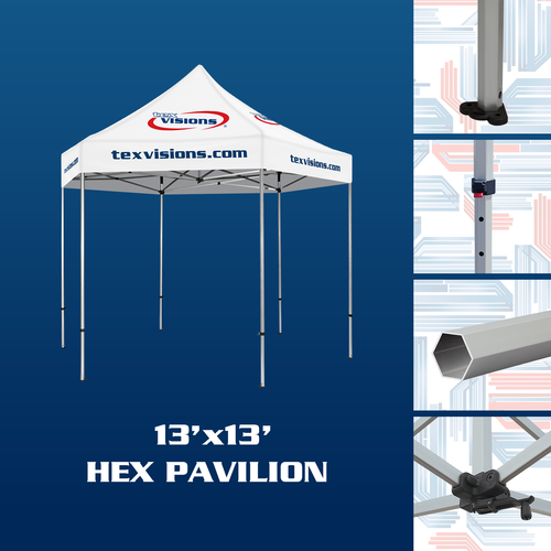 Hex Pavilion Tent Frame features hexagonal aluminum tent legs with adjustment levers and rooftop crank