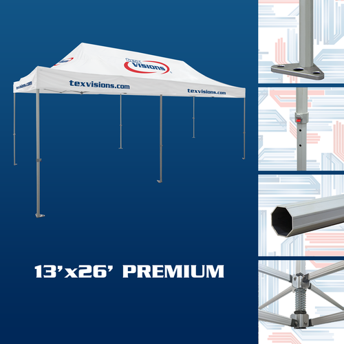 Premium Tent Frame features octagonal aluminum tent legs with strong steel feet and adjustment levers and rooftop crank