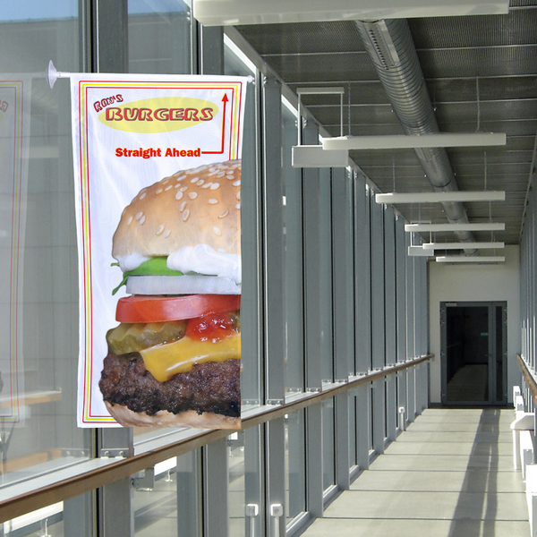 The Window Hanging Set with Banner Arm is a simple yet effective advertising tool for indoor settings The Window Hanging Set with Banner Arm is a simple yet effective advertising tool for indoor settings