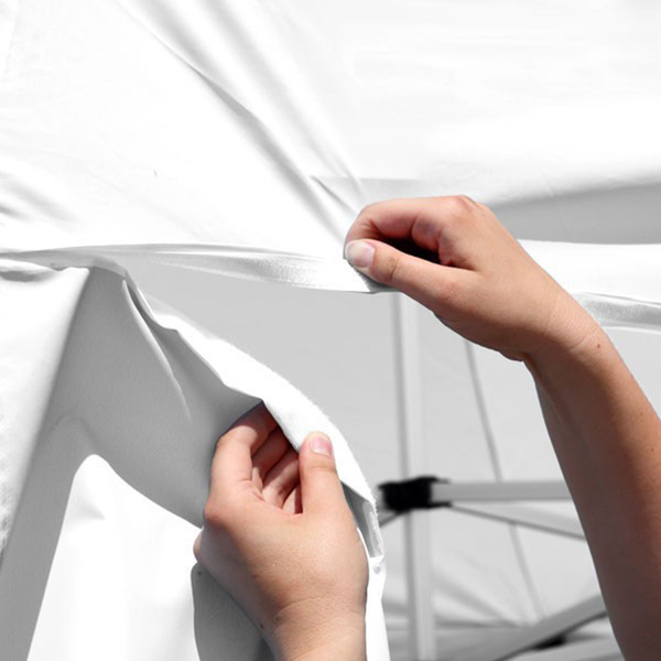 Top of awning is finished with loop fastener to connect to tent canopy