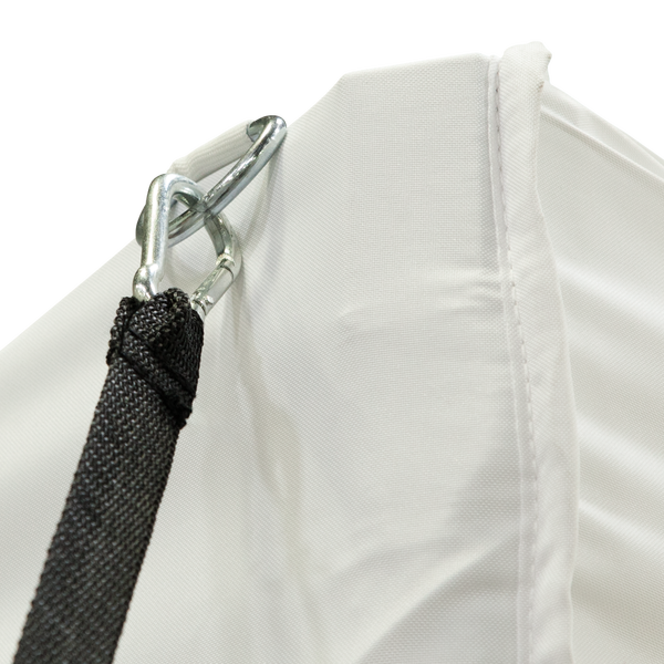 Carabiner clips into D-ring on tent canopy Carabiner clips into D-ring on tent canopy