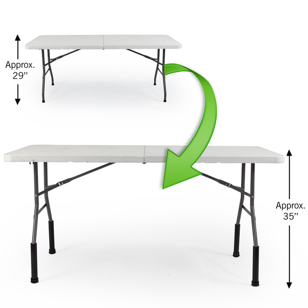 Achieve a 41" high table by adding the Bent Table Leg Extenders to our 29" tall Foldable Table that has bent table legs Achieve a 41" high table by adding the Bent Table Leg Extenders to our 29" tall Foldable Table that has bent table legs