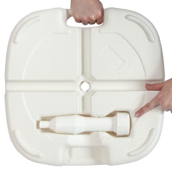 Bottom of the base includes a section for the base pole when hauling