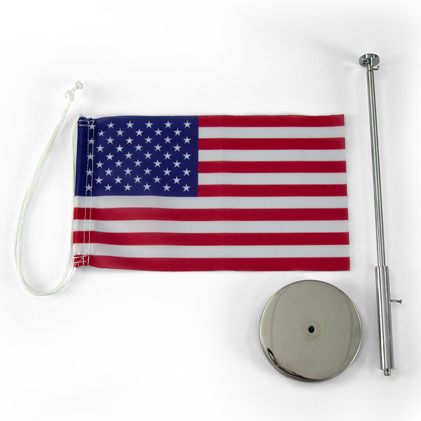Comes with a USA flag, a base, and a telescopic flagpole Comes with a USA flag, a base, and a telescopic flagpole