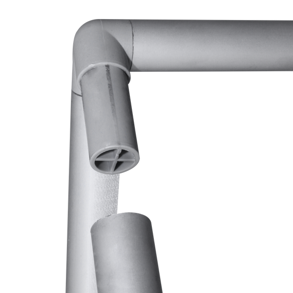 Several different connectors are used to assemble the aluminum poles and create the Floor Tent’s 3D shape