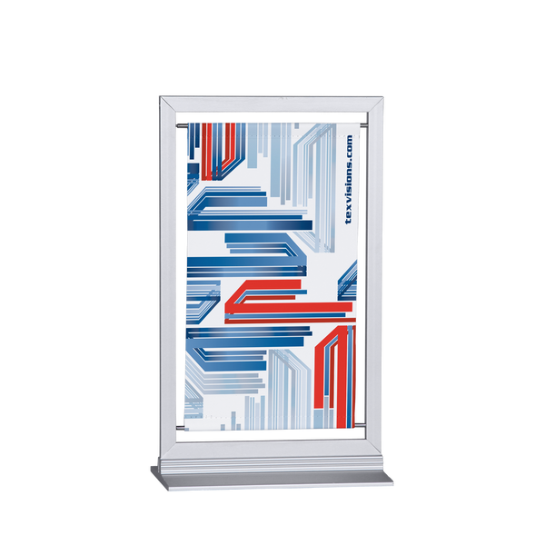 The smallest size of our Table Display has a 6”x 9” aluminum frame that holds a 4”x7” custom print
