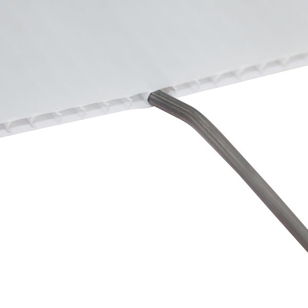 To assemble, insert stake into flutes on the sign Stake inserted into flute