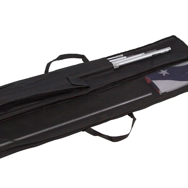 Carrying bag opened with poles and flag in it