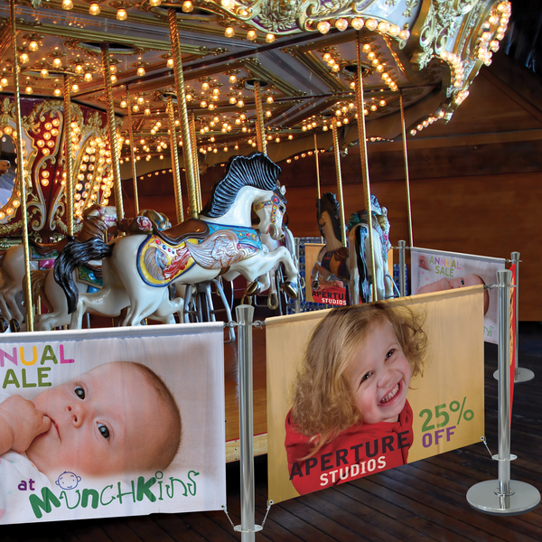 The Barrier System Premium stands at a height of 3’ and uses a 40lb weighted base for stability