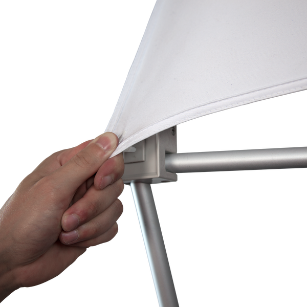 Panels stretch and attach to pins on the frame