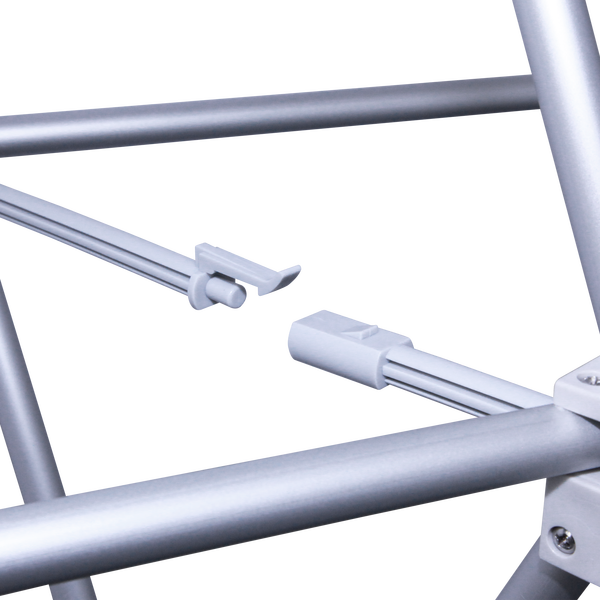 Frame connections easily snap together for assembly and disconnecting for breakdown