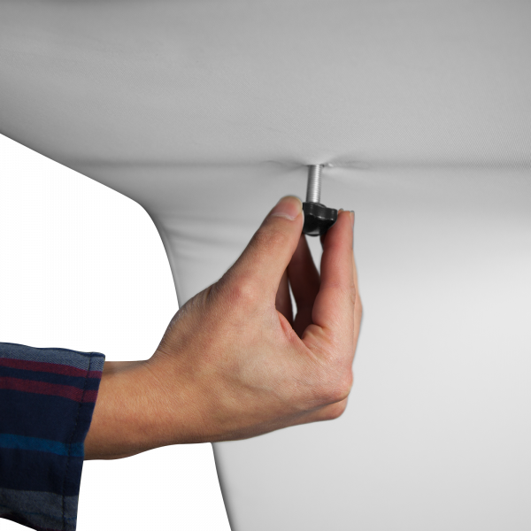 Adjustable bracket attaches to display with hand-tightening knob that is obscured from obvious view. Adjustable bracket attaches to display with hand-tightening knob that is obscured from obvious view.