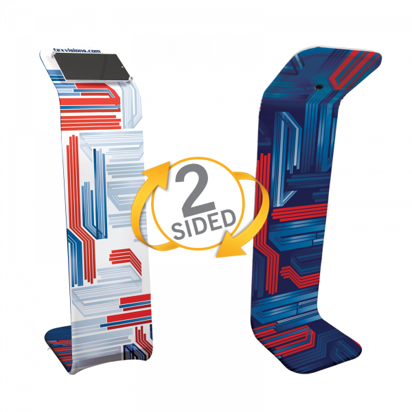 This display features a customer print on the front and back side. This display features a customer print on the front and back side.